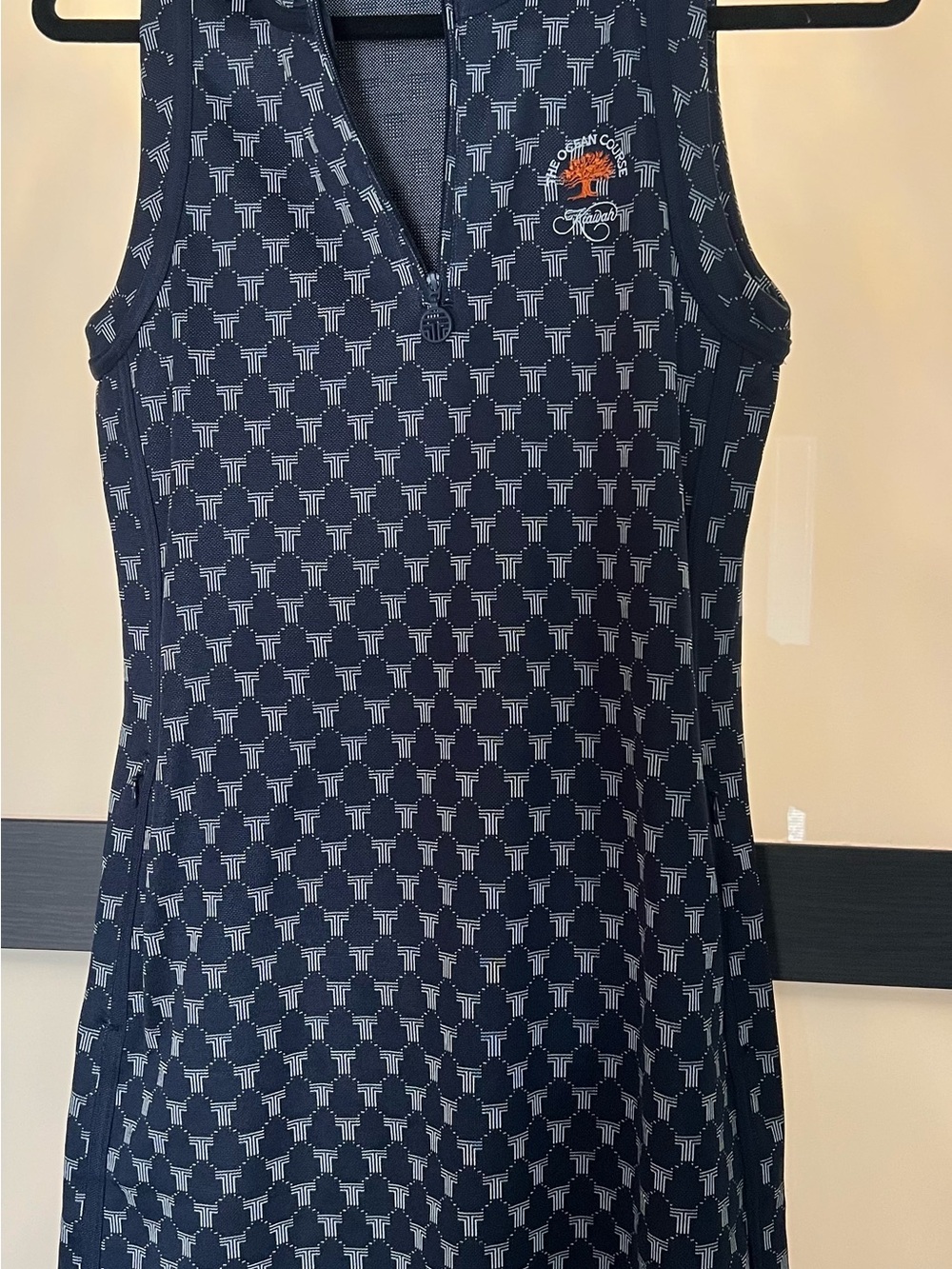 Tori Burch Golf Dress. Navy Patterned Sleeveless Polo Dress with Logo